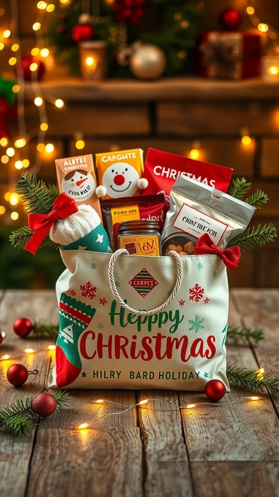 A festive Christmas gift bag filled with socks, treats, and decorations on a wooden table with holiday lights.
